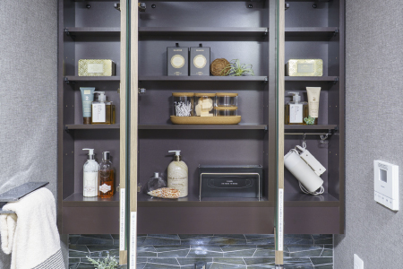 三面鏡裏収納（ドライヤーフック付き）