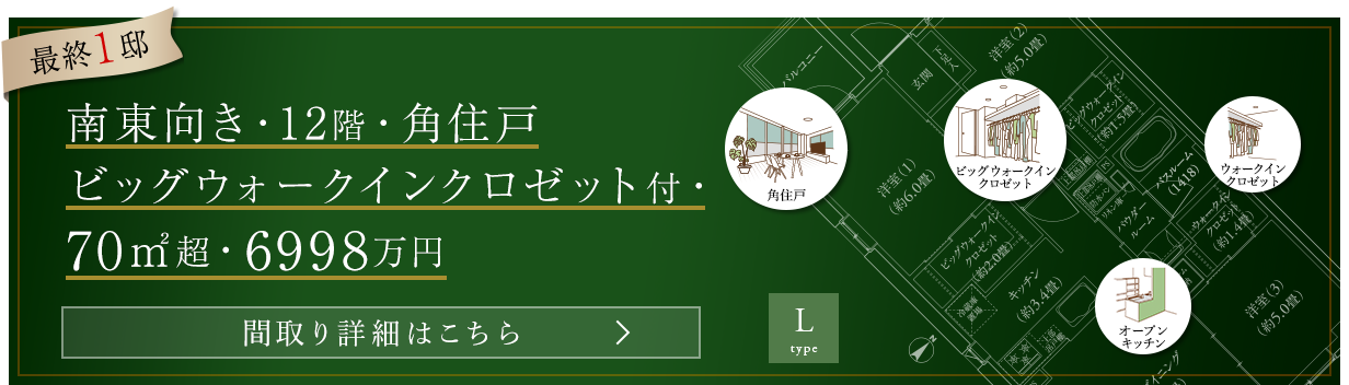 南東向き・12階・角住戸・ビッグウォークインクロゼット付・70㎡超・6998万円