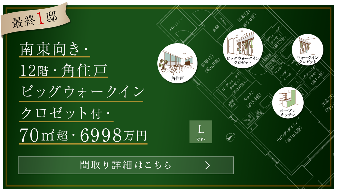 南東向き・12階・角住戸・ビッグウォークインクロゼット付・70㎡超・6998万円