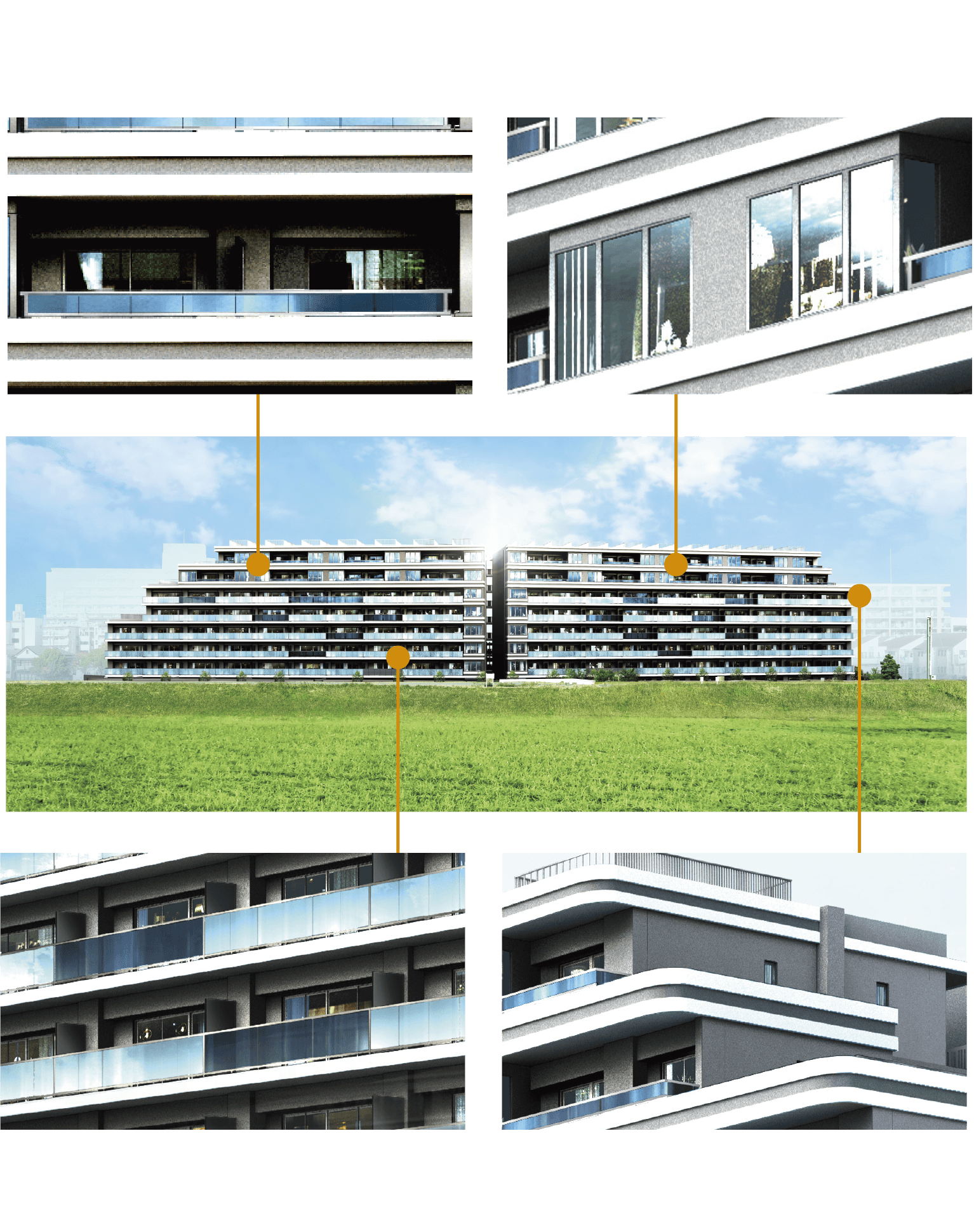 圧迫感を軽減する水平ラインの積層デザイン、ランダムパターンのガラス手摺り、ガラス面をリズミカルに突出させた立体感のあるフォルム、景色と自然に寄り添うR形状のデザイン