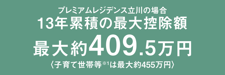 プレミアムレジデンス立川の場合13年累積の最大控除額最大約409.5万円〈子育て世帯等※1は最大約455万円〉